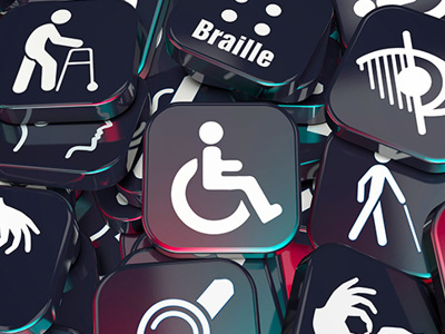 Collection of accessibility icons including wheelchair symbol, sign language hands, walking figure, ear for hearing, brain for cognitive accessibility, and eye for visual impairment, representing diverse workplace accommodations and inclusive design