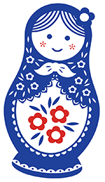 A stylized illustration of a traditional Russian matryoshka doll, predominantly blue with white and red accents. The doll features a smiling face with simple dot eyes and red cheeks, a bow at the neck, and floral patterns including small white flowers on the headscarf and three larger red flowers on the body.