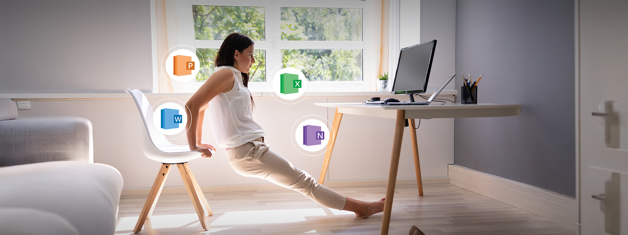 A person with dark hair, wearing a white sleeveless top and light-colored pants, is doing tricep dips using a white chair in what appears to be a home office. Their body is angled away from a desk with a computer monitor and laptop. Four circular icons with the Microsoft Office logos for PowerPoint, Excel, Word, and OneNote float around them. The room is brightly lit with natural light coming from a large window.