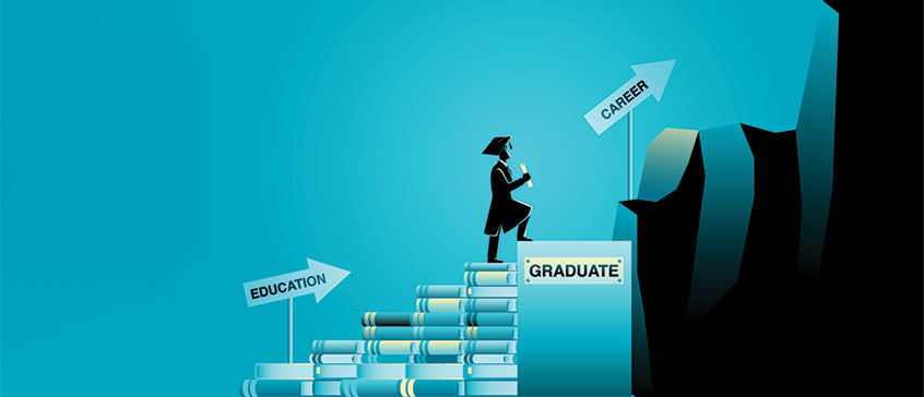 Illustration of a student climbing a staircase paved by books. 