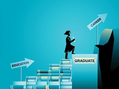 Illustration of a student climbing a staircase paved by books. 