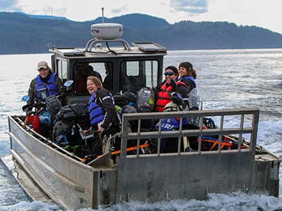 Suzanne and 3 riders on a boat in departing Campbell River