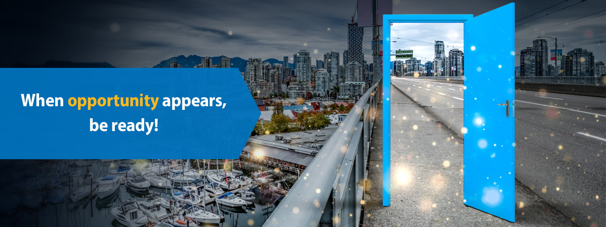 Two warehouse workers in white hard hats and high-visibility yellow safety vests stand with their backs to the camera, facing a glowing golden doorway that opens to a bright warehouse space filled with storage racks. Sparkling light particles emanate from the doorway. Overlay text reads 