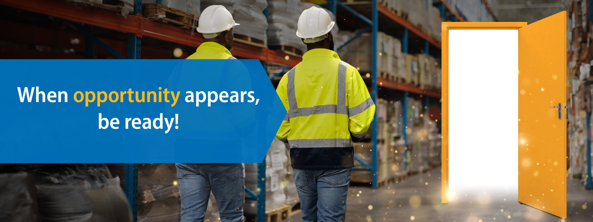 Two men in hardhats and safety vests walking in a warehouse towards an open door.   Overlaid text says, 