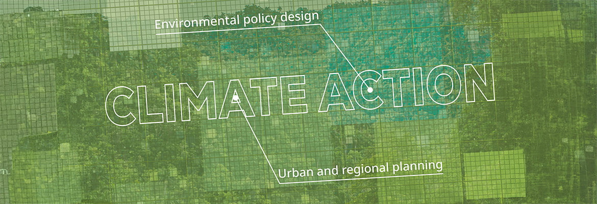 Overhead drone shot of green landscape with patterned squares mapped out. Overlaid words, Climate action, Environmental Policy Design, Urban and Regional Planning to intimate a blueprint.