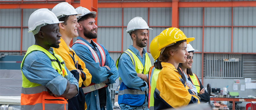 Construction workers in a team meeting.