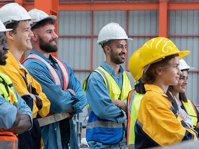 Construction working at a team meeting