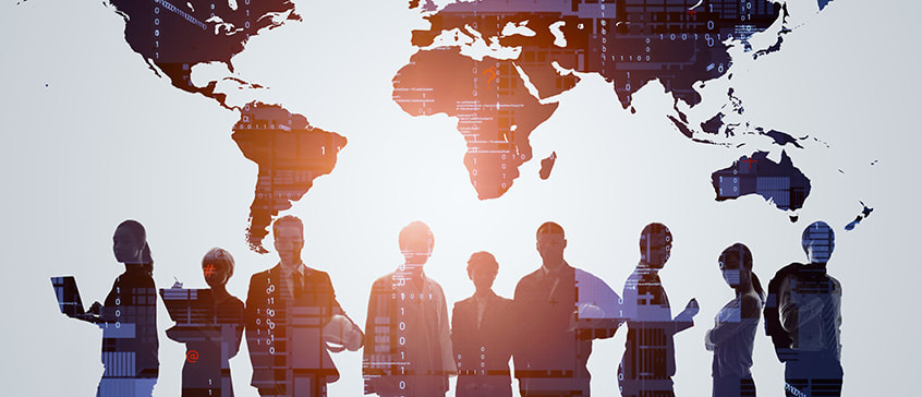 Silhouettes of diverse people standing in a row beneath a world map overlay with digital data streams and binary code, representing global connectivity and international development challenges across different continents and populations.