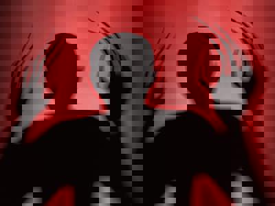 A menacing, dark silhouette of a figure with elongated, claw-like fingers raised, cast against a stark, blood-red background, evoking the iconic horror imagery associated with Nosferatu
