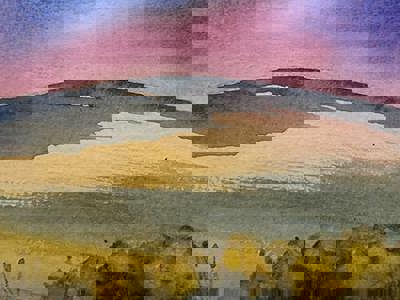 A watercolour painting of a blue river meandering through a grey delta towards dark hills in the background with clouds and blue sky.