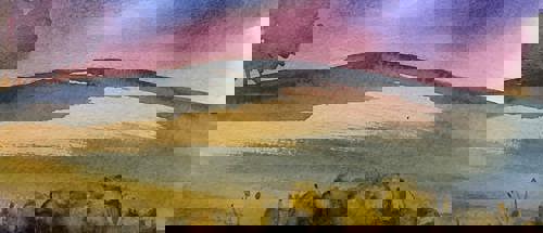 A watercolour painting a green multihued hill with a purple twilight sky. There are green shaded bushes in the foreground.