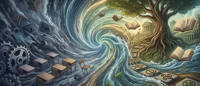 AI generated illustration of a classroom and a tree going into a vortex.