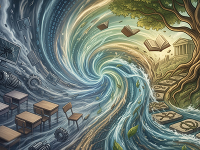AI generated illustration of a classroom and a tree going into a vortex.