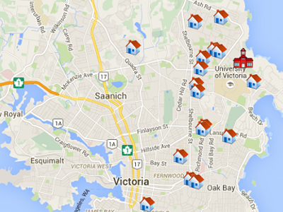 Map of Victoria BC with house icons on it.