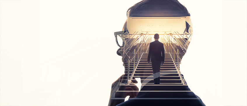 A double exposure image showing the profile of a professional in deep thought, overlaid with a silhouette of a person climbing a staircase. The composition symbolizes how reflective thinking can lead to progress, innovation, and positive impact on society.