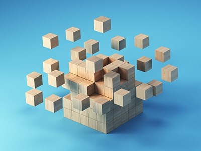 Jenga-like blocks in an exploded view on a blue background