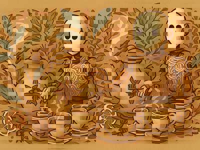 A warm, sepia-toned illustration featuring a friendly robot with a round head and decorative circular patterns on its body, positioned next to an ornate teapot with a star anise design. The scene includes three steaming teacups, citrus slices, star anise spices, and cinnamon sticks, all surrounded by decorative autumn leaves and botanical elements in shades of brown, orange, and muted green against a tan background.