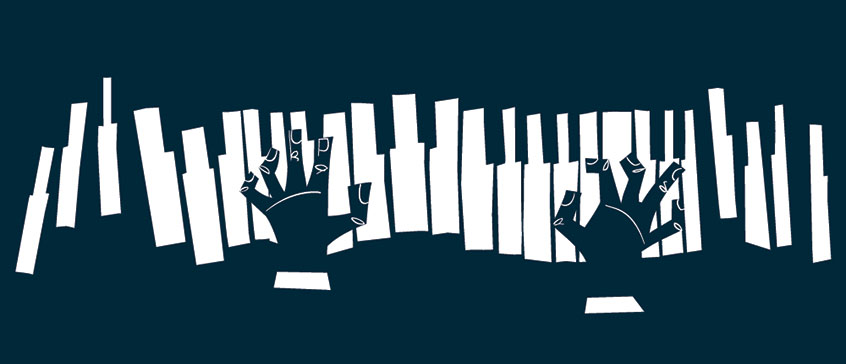 Illustration of hands playing piano. 