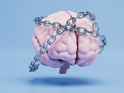 Digital illustration of a pink human brain wrapped in metal chains against a light blue background, symbolizing the restriction and censorship of knowledge, ideas, and intellectual freedom.