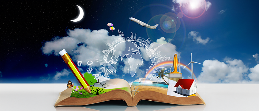 An open book with a giant pencil, lightbulb doodle, grassy hill, and butterfly on its pages. Above, a white line-drawing globe surrounded by city skylines, with a plane, balloons, moon, sun, rainbow, paintbrush, house, wind turbine, and palm tree emerging—symbolizing creative world-building and story architecture