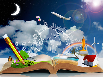 An open book with a giant pencil, lightbulb doodle, grassy hill, and butterfly on its pages. Above, a white line-drawing globe surrounded by city skylines, with a plane, balloons, moon, sun, rainbow, paintbrush, house, wind turbine, and palm tree emerging—symbolizing creative world-building and story architecture