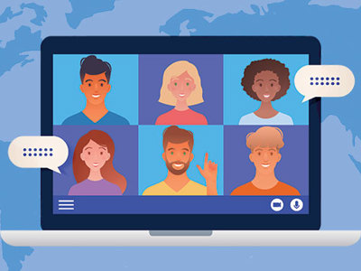 Illustration of a laptop displaying a video conference with six diverse students in a grid layout against a world map background. Two speech bubbles with dots indicate active conversation. The imagery represents online English language learning connecting students globally through virtual classrooms.