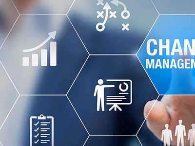 Business concept image featuring a person in a suit interacting with a transparent digital interface displaying interconnected icons representing change management processes, such as gears, a lightbulb, and a checklist