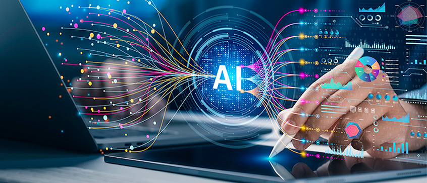 Illustration of data and the word AI overtop a closeup of a hand writing on a tablet