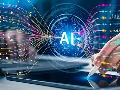 Illustration of data and the word AI overtop a closeup of a hand writing on a tablet