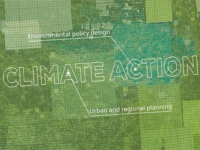 Overhead drone shot of green landscape with patterned squares mapped out. Overlaid words, Climate action, Environmental Policy Design, Urban and Regional Planning to intimate a blueprint.