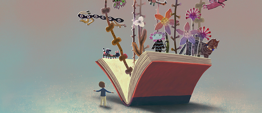 Illustration: child in doorway, butterflies