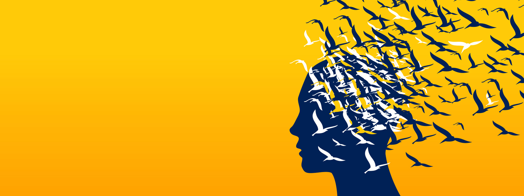 A blue profile of a person's head with birds flying out from it against a yellow background.