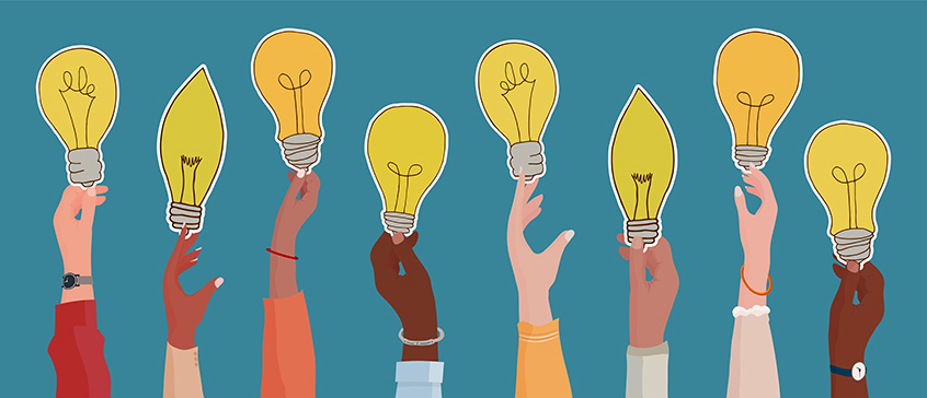 Illustration of diverse hands holding glowing light bulbs against a teal background, symbolizing collaboration, innovation and inclusion in equity and diversity initiatives.