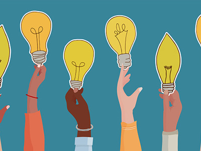Illustration of diverse hands holding glowing light bulbs against a teal background, symbolizing collaboration, innovation and inclusion in equity and diversity initiatives.