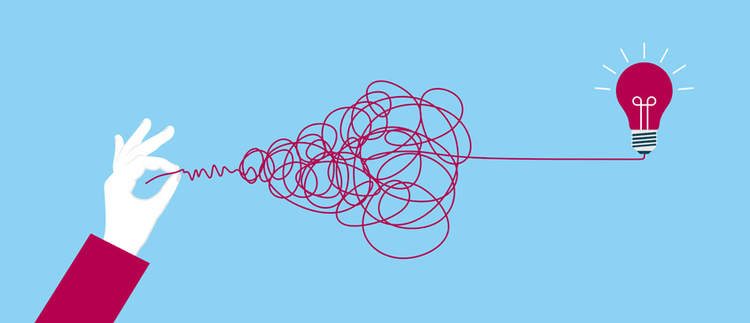 Illustration of hand detangling a messy angry line into an idea