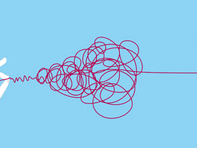 Illustration of hand detangling a messy angry line into an idea