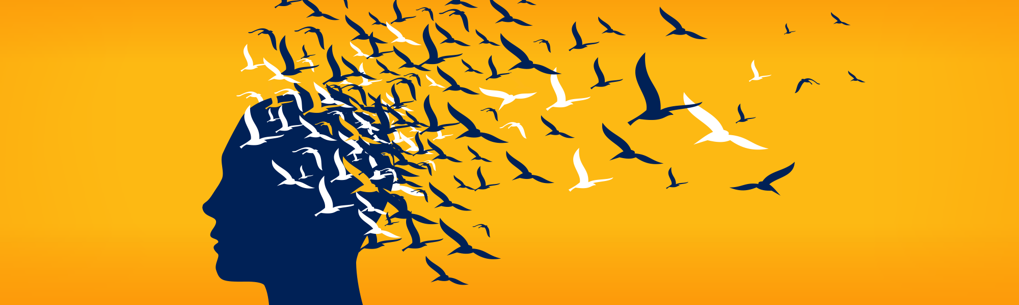 On a gradient yellow/orange background, silhouette of a head in profile facing left with black and white birds flocking to the right