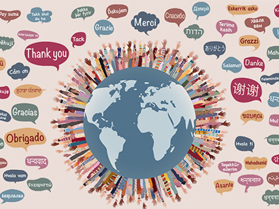 Illustration of multiple hands holding colorful speech bubbles with greetings in various languages, including Hello, Hola, Salut, Hallo, Ciao and others, symbolizing global communication and multilingual learning.