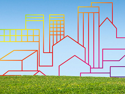 Abstract simplified drawing of outlines of houses on a grass field.
