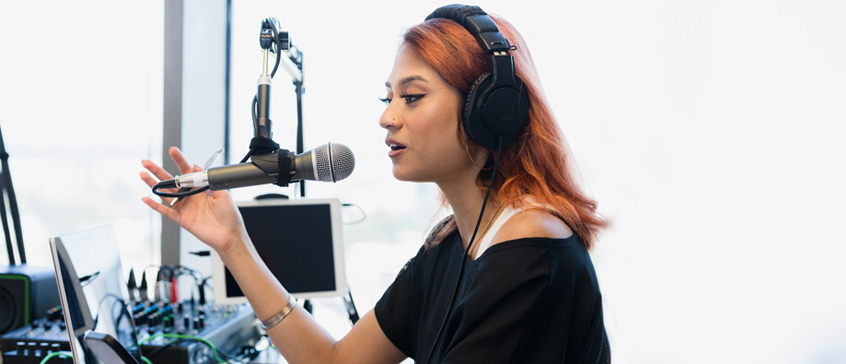 Woman talking on podcast