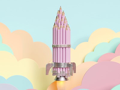 Rocket shape made up of a group of pink pencils flying over pastel coloured flat clouds