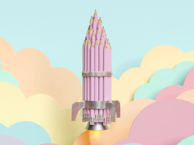 Rocket shape made up of a group of pink pencils flying over pastel coloured flat clouds 