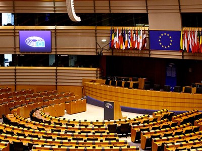 European Parliament interior in Brussels, Belgium.