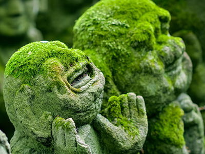 a collection of moss-covered Jizo statues, found at a Buddhist temple or shrine, at Otagi Nenbutsu-ji Temple in Kyoto, Japan. Photo credit: Jordy Meow