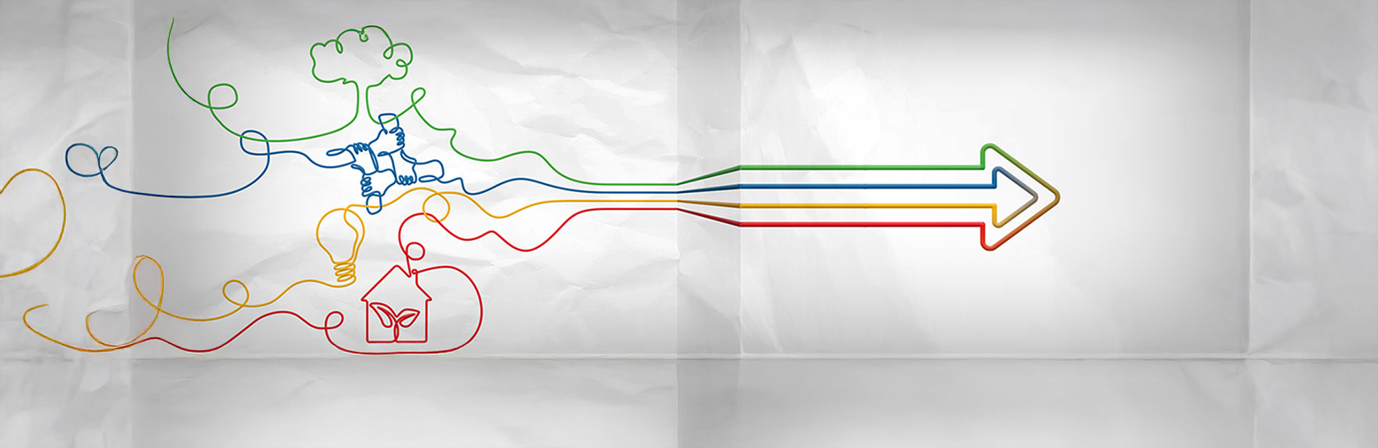 Multi-coloured line drawings of a green tree, blue grasping hands, yellow light bulb and red house converging into a arrow pointing in one direction