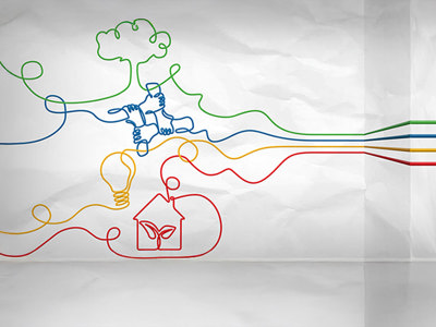 Multi-coloured line drawings of a green tree, blue grasping hands, yellow light bulb and red house converging into a arrow pointing in one direction