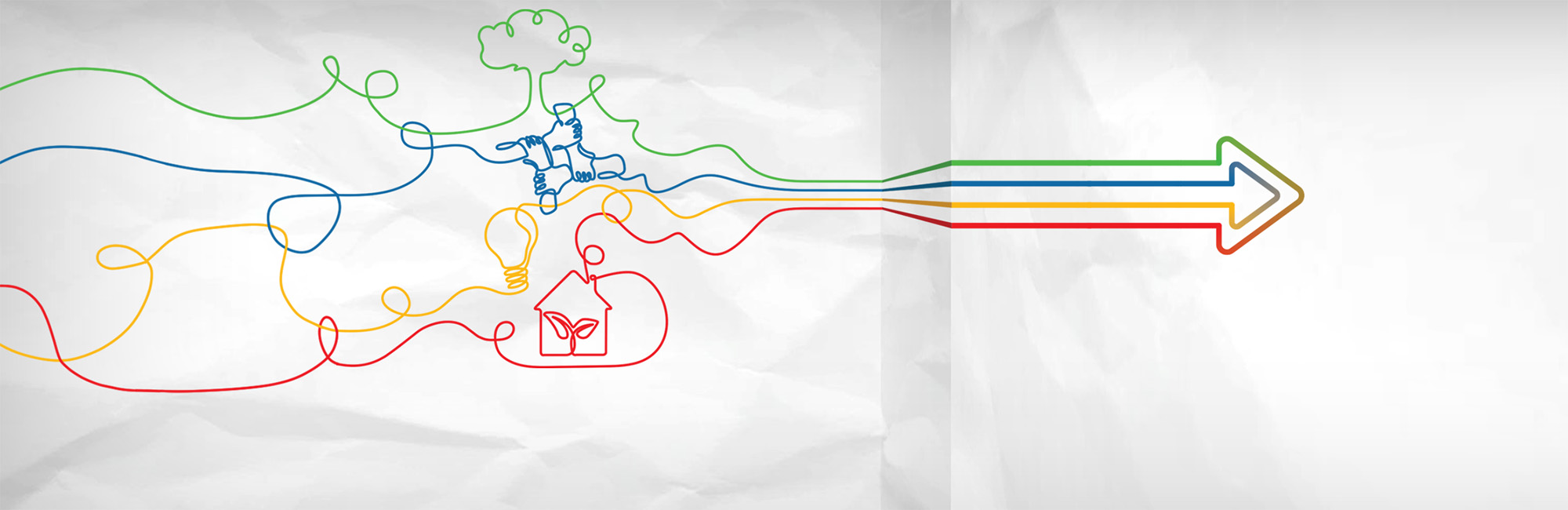 Multi-coloured line drawings of a green tree, blue grasping hands, yellow light bulb and red house converging into a arrow pointing in one direction