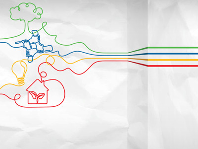 Multi-coloured line drawings of a green tree, blue grasping hands, yellow light bulb and red house converging into a arrow pointing in one direction