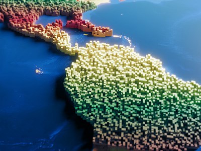 Abstract world map made of with multi coloured blocks. (3d render)