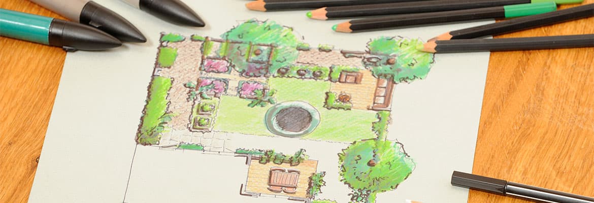 Photo of an in-progress garden landscape sketch.